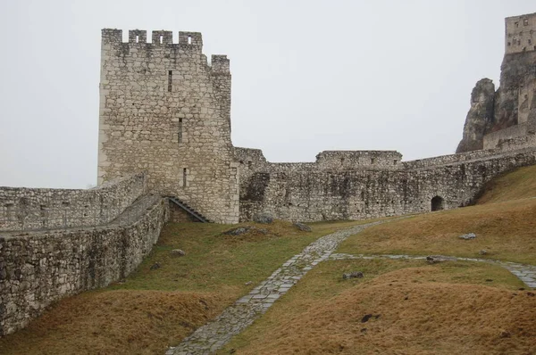 Vista Panorámica Del Castillo Spis Con Cielo Gris Sobre Fondo — Foto de Stock