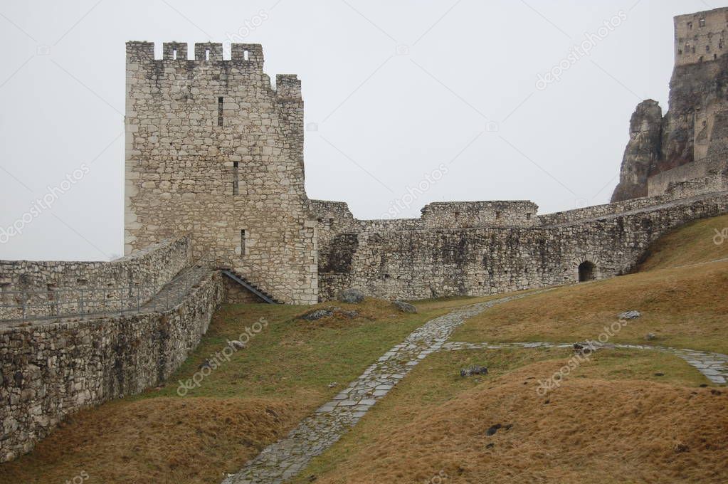 scenic view of Spis castle with grey sky on background, Slovakia