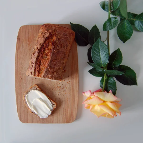 Rye Bread Butter Wooden Board Rose Table — Stock Photo, Image