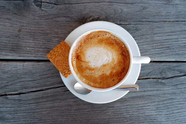 Een Kopje Koffie Houten Tafel — Stockfoto