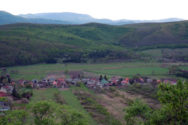 Paisagem Rural Panorâmica Vista Aérea Sobre Aldeia — Fotografia de Stock