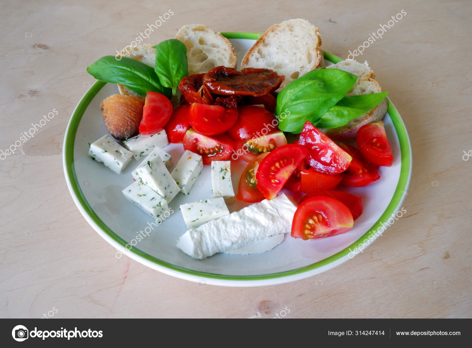Goat Cheese Tomato Fresh Basil White Bread White Plate Stock Photo by