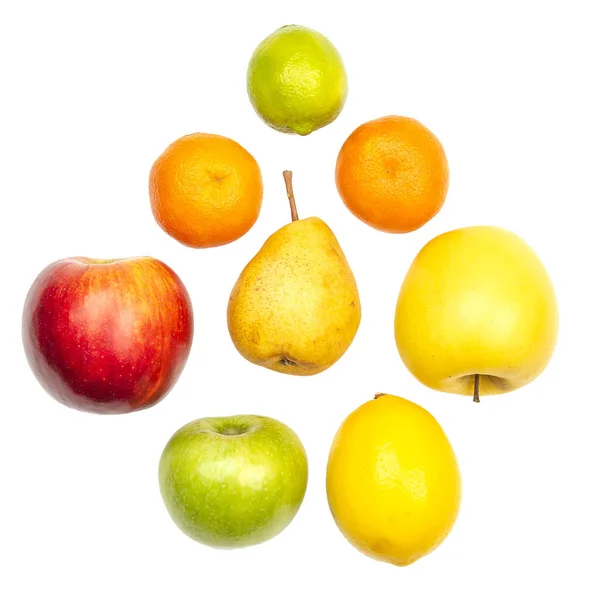 Uppsättning Färska Frukter Isolerade Vitt Äpplen Mandariner Citron Päron Och — Stockfoto