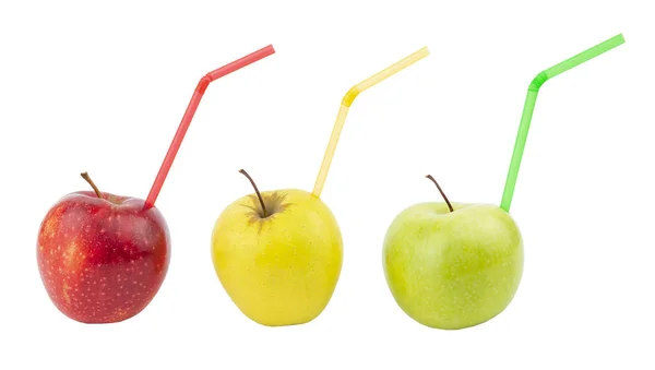 Set Apples Cocktail Straws Red Yellow Green Apple Fresh Juice — Stock Photo, Image