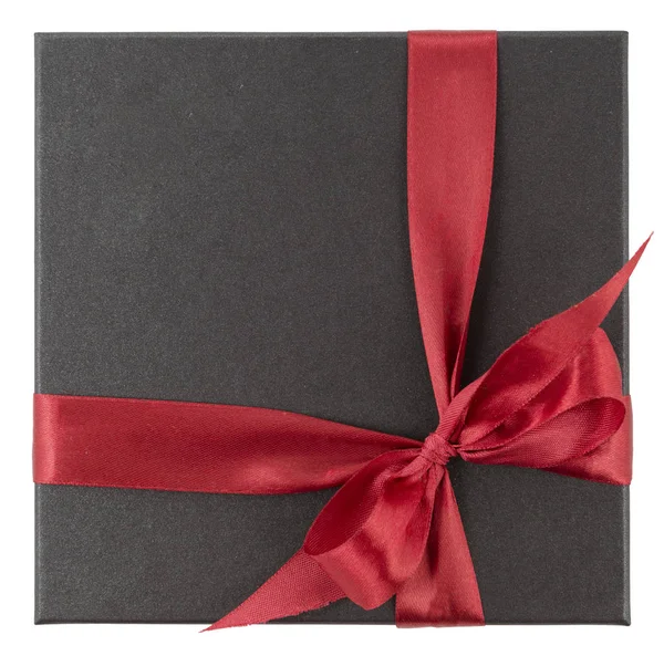 Square Gift Box Red Ribbon Isolated White Top View Christmas — Stock Photo, Image