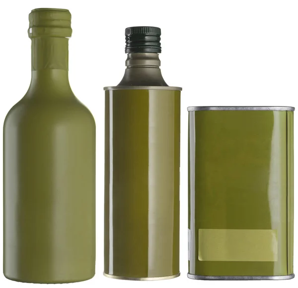 オリーブ油の缶ラベル白で隔離なし オイル缶や瓶 金属とガラスのセット — ストック写真