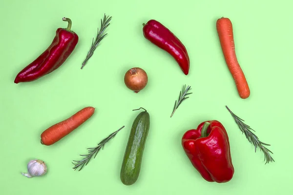 Verduras Frescas Sobre Fondo Verde Claro Pimienta Zanahoria Cebolla Pepino —  Fotos de Stock