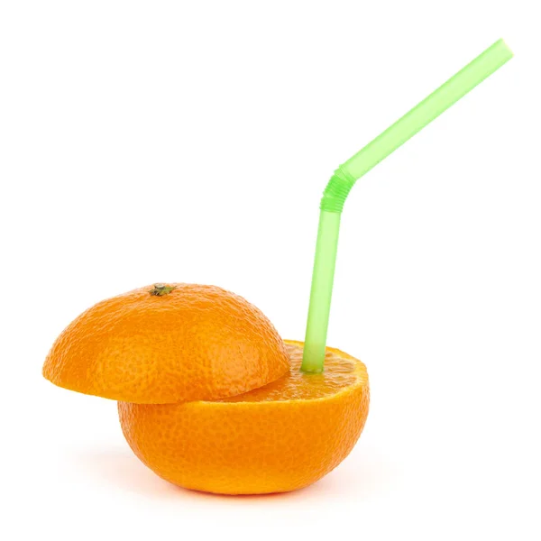 Scheiben Geschnittene Saftige Orangenfrüchte Mit Cocktailstroh Isoliert Auf Weiß Frischer — Stockfoto