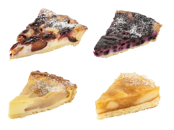 Set of tasty pies isolated on white. Apple pie, Pear pie, Plum pie, Blackberry pie