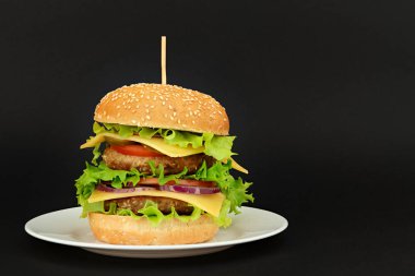 Kopya alanı ile siyah arka plan üzerine bir tabakta lezzetli taze duble burger