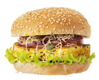 Tofu ve beyaz arka plan üzerinde izole sebze vejetaryen burger