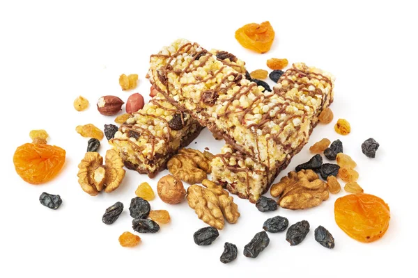 Heap Healthy Muesli Bars Nuts Dry Fruits White Background — Stock Photo, Image