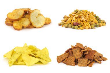 Lokanta aperatifler üzerinde beyaz izole kümesi. Masala, ekmeği, ekmek Peksimet, kruton