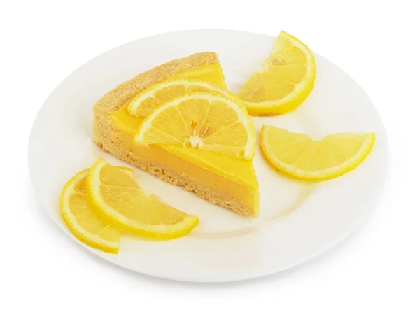 Lemon Cheesecake Plate Isolated White Background Soft Shadow — Stock Photo, Image