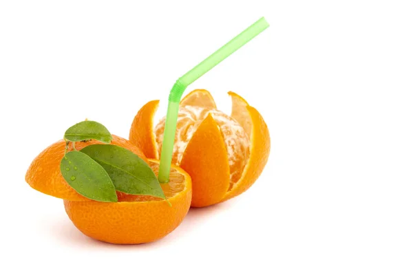Two Fresh Juicy Peeled Tangerines Cocktail Straw Green Leaves Copy — Stock Photo, Image