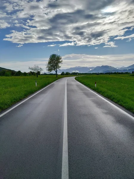 Прямая пустая дорога после дождя в деревне — стоковое фото