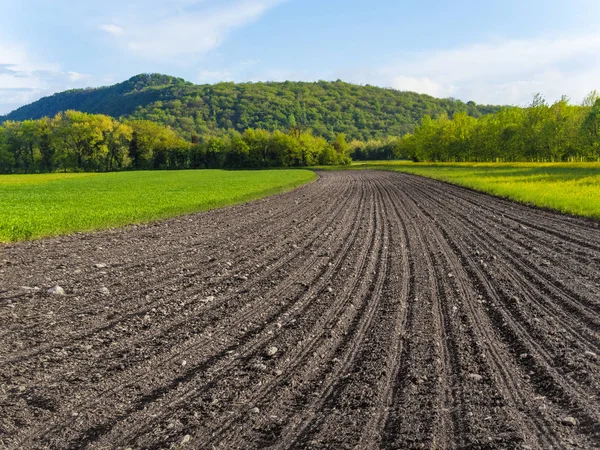 Vers geploegd veld in het voorjaar van — Stockfoto