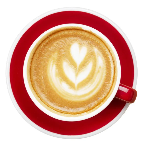 Cappuccino in rode beker geïsoleerd op witte top weergave — Stockfoto