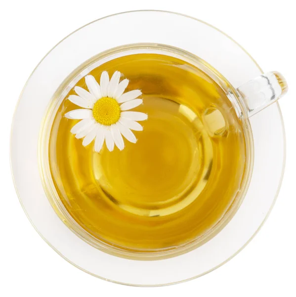 Glass cup of healthy chamomile herbal tea isolated on white. — Stock Photo, Image