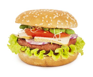 Beyaz arka planda gölgeli vejetaryen burger