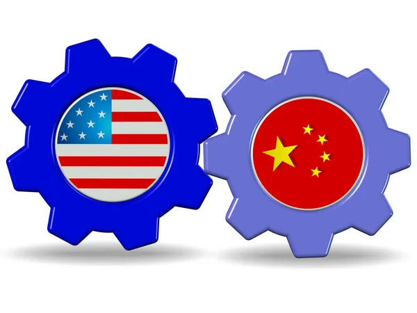 中国与美国 齿轮相互作用中的旗帜 — 图库照片