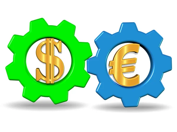 ドルとユーロの兆候 ストック フォトと つのギヤ車輪システムの イラストレーション — ストック写真