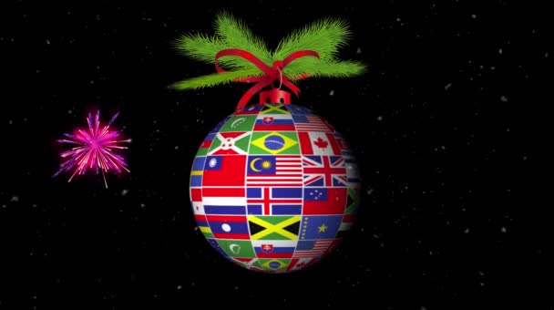 Renderen Animatie Internationale Vlaggen Kerst Bal — Stockvideo