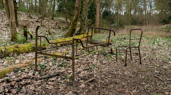 Ein Rostiges Altes Krankenhausbett Verschmutzt Die Umwelt Einem Wald Deutschland — Stockfoto