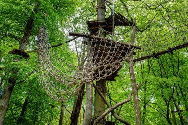 Berlin 'in Charlottenburg' daki Jungfernheide Parkı 'ndaki yüksek halat parkında cennete tırmanıyor.