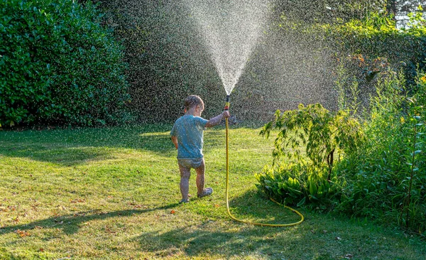 Toddler Age Two Has Lot Fun Playing Water Hose Summer — Stock Photo, Image