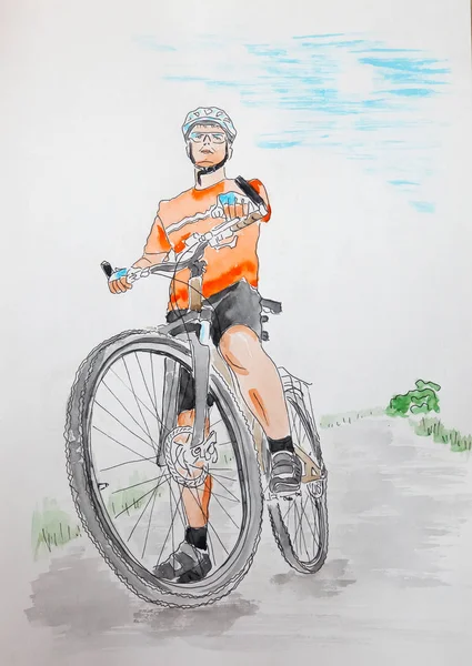 Yong Man Met Fiets Met Hand Gemaakt Grafische Aquarel Artistieke — Stockfoto