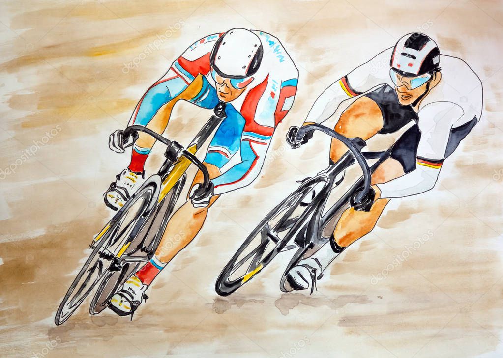 Two bicyclists racing - hand made drawn graphic and watercolor artistic illustration