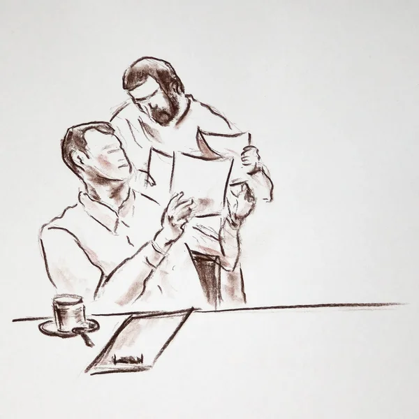 Two Men Looking Papers Discuss Something Office Hand Made Drawn — Stock Photo, Image