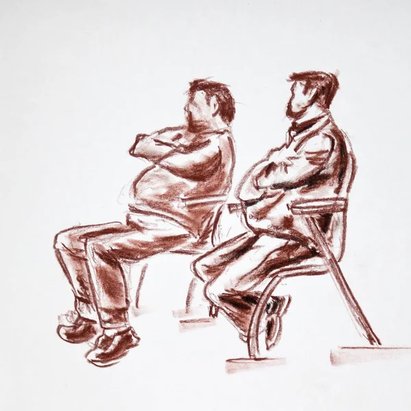 Two men seating on chairs and waiting - hand made drawn pastel pencil graphic artistic illustration on paper