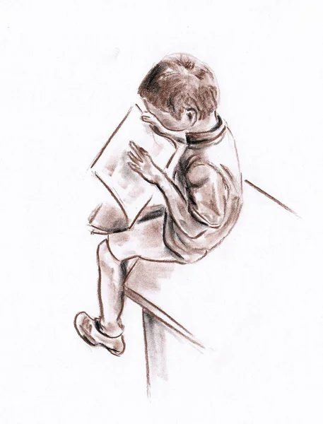 Jovem Rapaz Sentado Lendo Jornal Com Atenção Feito Mão Desenhado — Fotografia de Stock