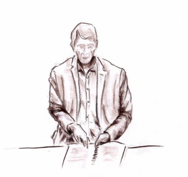 Adam dokuments Office - el yapımı masada okuma pastel kalem grafik sanatsal illüstrasyon kağıt üzerine çizilmiş.