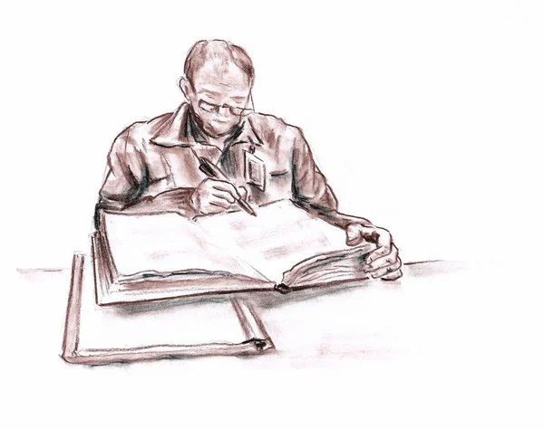 Man Reading Signing Dokuments Table Office Hand Made Drawn Pastel — Stock Photo, Image