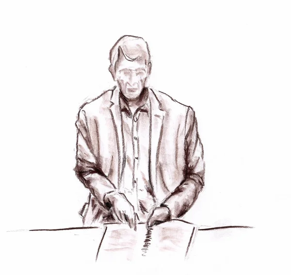 Asztalnál Office Kézzel Készített Dokuments Olvasó Ember Rajzolt Pasztell Ceruzával — Stock Fotó