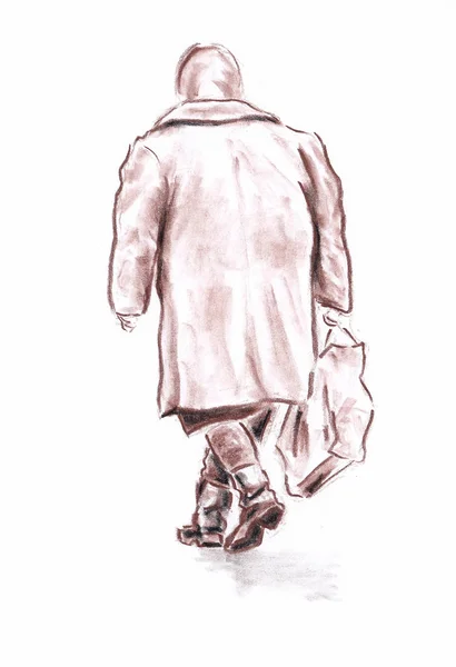 老太婆走与沉重的行李 手绘粉笔铅笔艺术例证在纸 — 图库照片