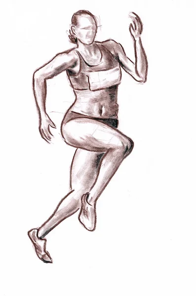 运动员女跑步者 手绘铅笔图形艺术例证在纸 — 图库照片