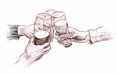 Kadehlerin closeup - el içmeden önce üç eliyle çizilmiş pastel kalem grafik sanatsal illüstrasyon kağıt üzerinde yapılmış.