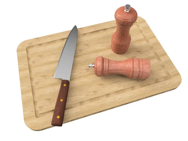 Kookt mes en zout en peper Shakers op een houten plank. — Stockfoto