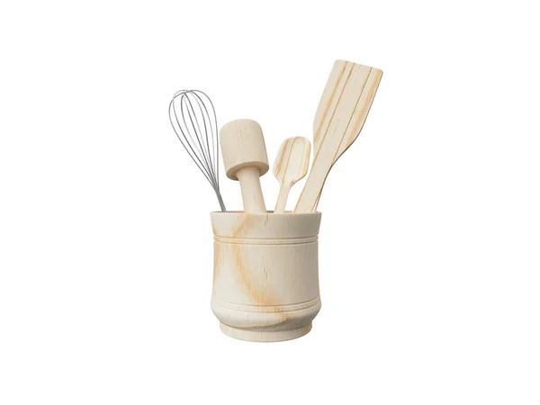 Кухонні інструменти в дерев'яній мисці. Ізольовані на білому тлі 3D рендерингу — стокове фото