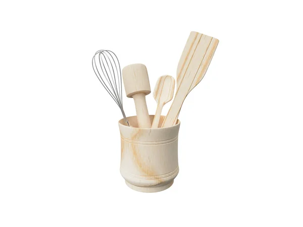 Εργαλεία κουζίνας σε ξύλινο μπολ. Απομονωμένο σε λευκό φόντο 3d καθιστούν — Φωτογραφία Αρχείου
