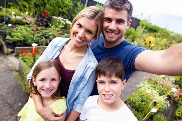 Portrait Beautiful Family Taking Selfie Greenhouse — Stock Photo, Image