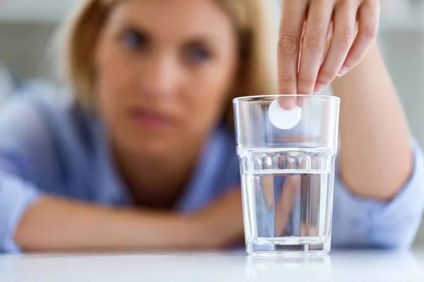 Shot Unhealthy Young Woman Looking Glass Effervescent Pill Home — Stock Photo, Image