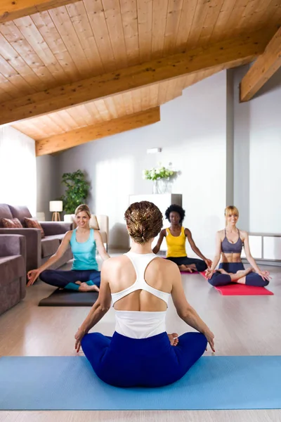 Grup Genç Güzel Sportif Kadın Evde Yoga Pratik Atış — Stok fotoğraf