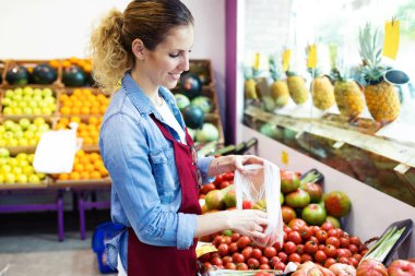 Genç pazarlamacı taze domates sağlık bakkal dükkanında seçerek çekim.
