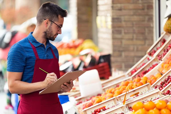Shot Handsome Young Salesman Doing Inventory Health Grocery Shop — Stock Photo, Image