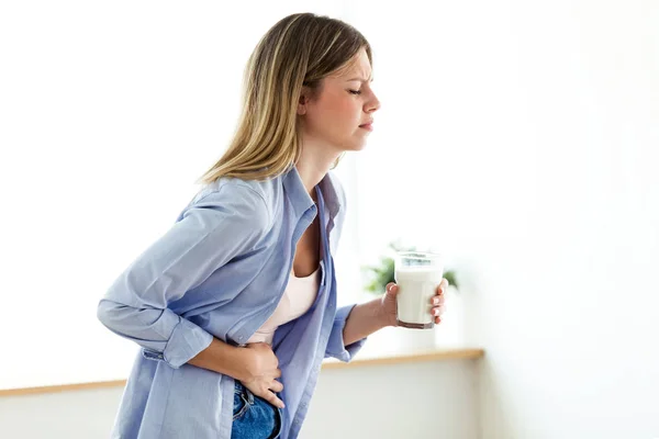 Shot Unhealthy Young Woman Stomachache Holding Glass Milk Home — Stock Photo, Image